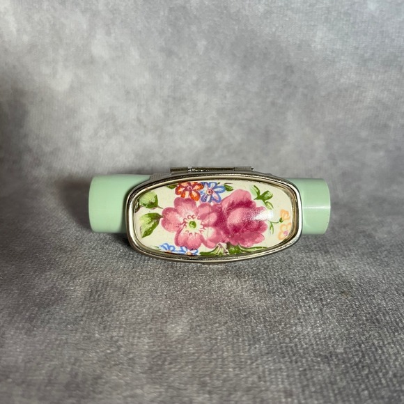 Vtg 40s 50s Lipstick Holder Ring w Compact Mirror Silver Floral Porcelain EUC - Picture 1 of 8